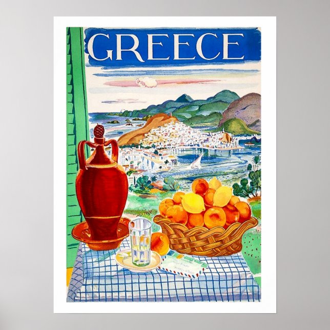 Affiche Grèce, fruits sur la table, vue paysage par la fen (Devant)
