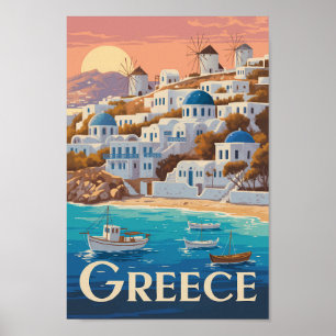 Affiche Grèce Mykonos Illustration Voyage Art Vintage