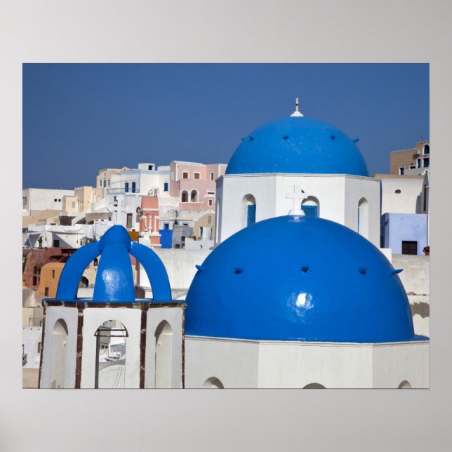 Affiche Grèce, Santorin. Clocher et dômes bleus de (Devant)