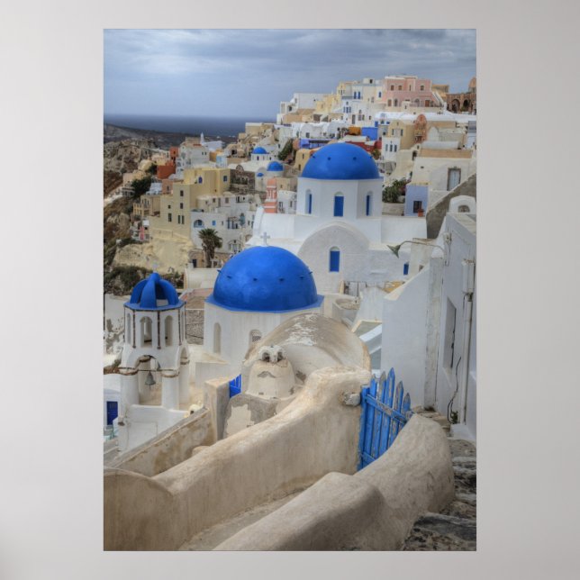Affiche Grèce, Santorin. Clocher et dômes bleus de 3 (Devant)