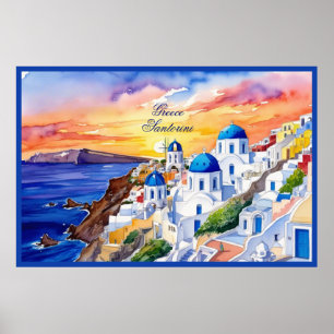 Affiche Grèce Santorini Aquarelle Croquis mer Egée