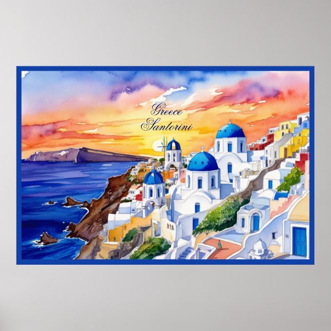 Affiche Grèce Santorini Aquarelle Croquis mer Egée | (Devant)