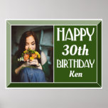 Affiche Green Art Deco 30th Birthday Photo<br><div class="desc">Decorate your party with this Green Art Deco 30th Birthday Photo Poster. Customize with the age,  name and favorite photo of the birthday person. It features a modern art deco font with a stylish beveled border.</div>