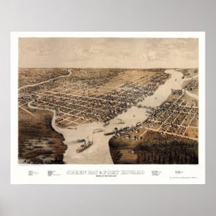 Affiche Green Bay, carte panoramique de WI - 1867