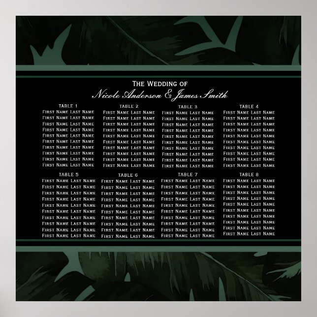 Affiche Green & Black Chic Tropical Leaves Seating Chart (Devant)