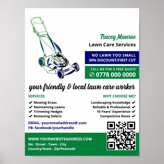 Affiche Green & Blue Lawn-Mower, Lawn Care Services (Devant)