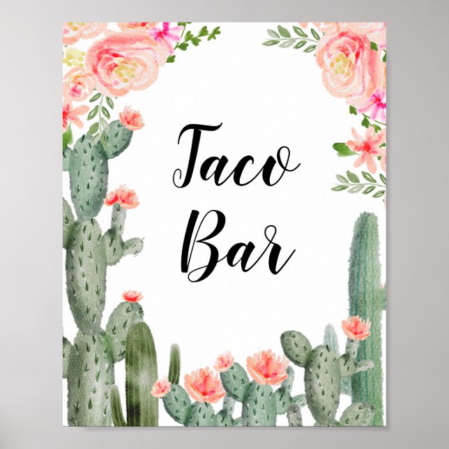Affiche Green Cactus Taco Bar Fête des mariées Rose Floral (Devant)