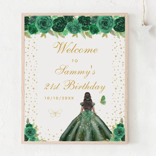 Affiche Green Dark Skin Girl Birthday Party Bienvenue