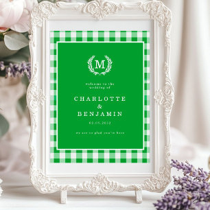 Affiche Green En vichy Monogram Crest Mariage Bienvenue