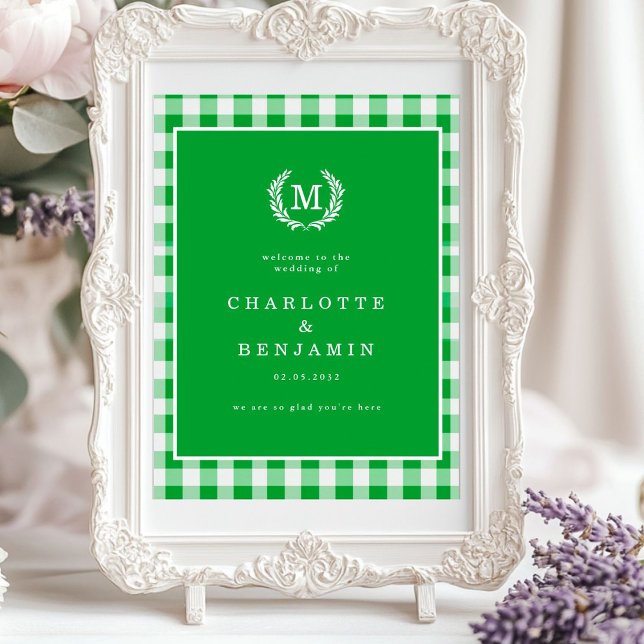 Affiche Green En vichy Monogram Crest Mariage Bienvenue (Green Gingham Monogram Crest Wedding Welcome Poster)