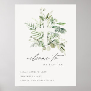 Affiche Green Eucalyptus Fern Fauna Croix Baptême Bienvenu