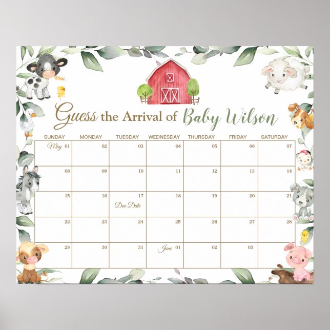 Affiche Green Farm Animals Guess Baby's due Date de Jeu (Devant)