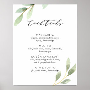 Affiche Green Foliage Botanical Wedding Cocktail Menu Sign