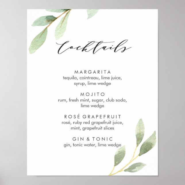 Affiche Green Foliage Botanical Wedding Cocktail Menu Sign (Devant)