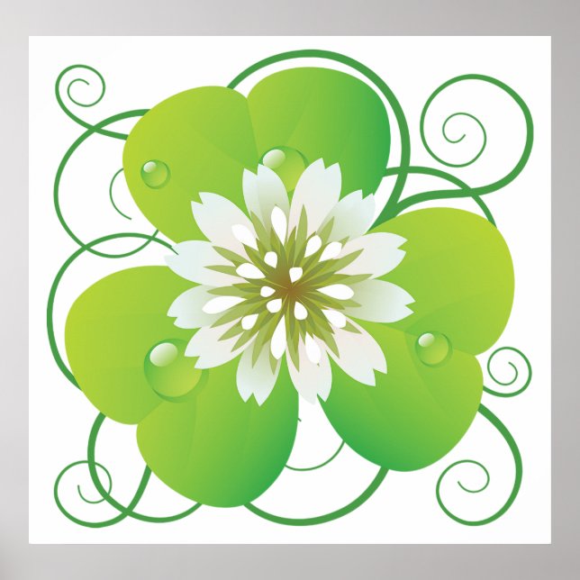 Affiche Green Four Leaf Clover with White Floral Bloom (Devant)
