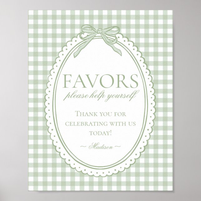 Affiche Green Gingham Coquette Bow Favors Sign (Devant)