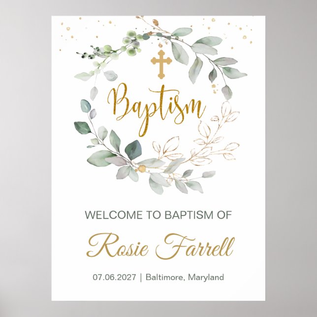 Affiche Green & gold foliage, welcome Baptism sign (Devant)