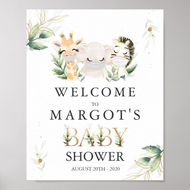 Affiche Green Gold Safari Animaux Conduite Par Baby shower (Devant)