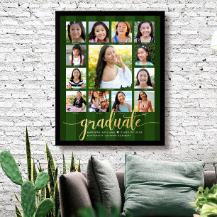 Affiche Green Graduation K-12 Photo Collage Gold Script