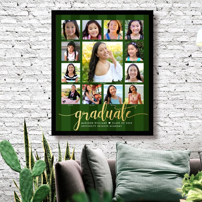 Affiche Green Graduation K-12 Photo Collage Gold Script (Créateur téléchargé)