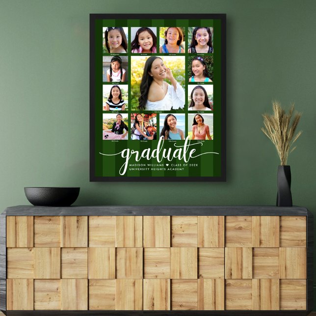 Affiche Green Graduation K-12 Photo Collage Stripes Script (Choose from 6 color combos!)