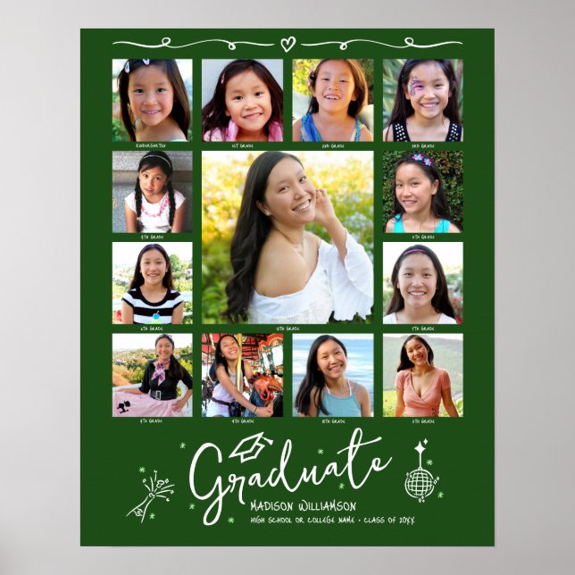 Affiche Green Graduation K–12 Photo Collage White Doodles (Devant)