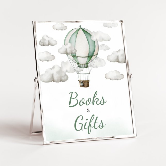 Affiche Green Hot Air Balloon Baby shower Livres et cadeau (Gender Neutral Travel Baby Shower Books and Gifts Sign)