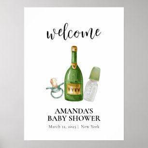 Affiche Green Minimal Poppin Champagne Baby shower Bienven