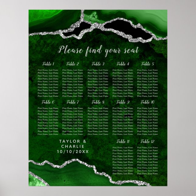 Affiche Green Silver Agate Wedding Seating Chart 12 Table (Devant)
