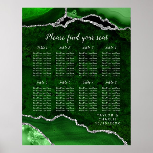 Affiche Green Silver Agate Wedding Seating Chart 8 Table (Devant)