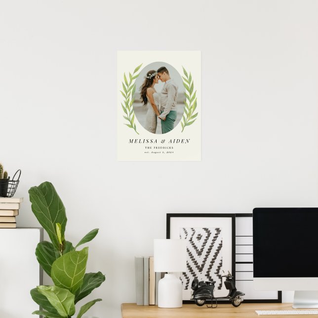 Affiche Green Simple Branch Oval Mariage Photo établie (Bureau à domicile)