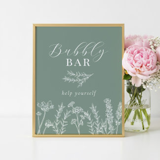 Affiche Green Wildflower Bridal Shower Bubbly Bar Sign