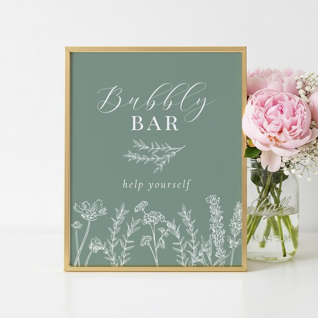 Affiche Green Wildflower Bridal Shower Bubbly Bar Sign (Créateur téléchargé)