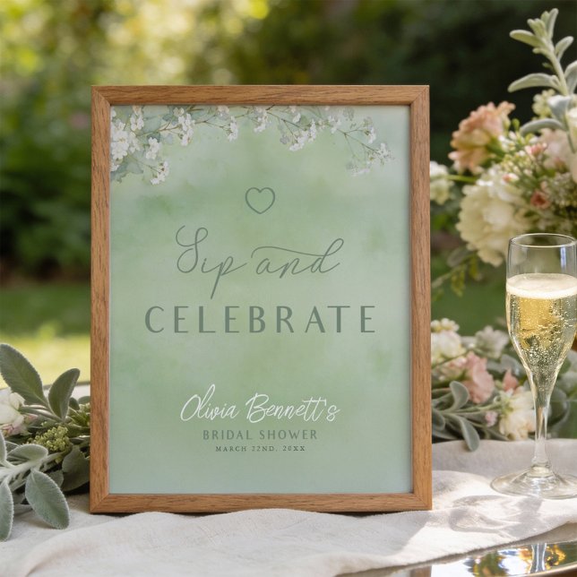 Affiche Green Wildflower Sip and Celebrate Sign (Sip and Celebrate Bridal Shower Sign)