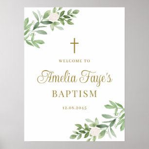 Affiche Greenery and White Flowers Baptism Welcome 