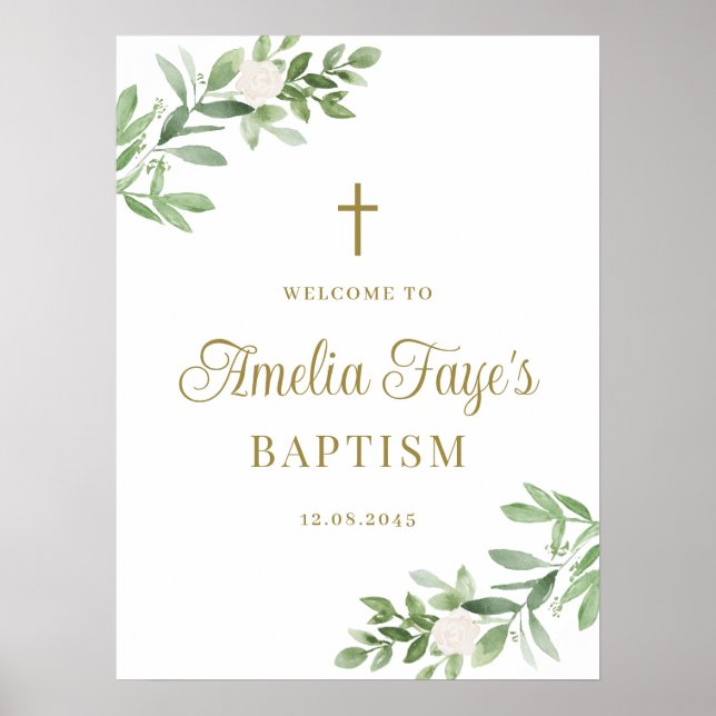 Affiche Greenery and White Flowers Baptism Welcome  (Devant)