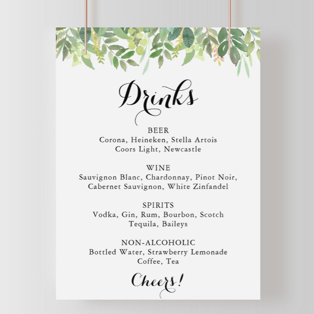 Affiche Greenery Botanical Wedding Drinks Menu Sign (Créateur téléchargé)