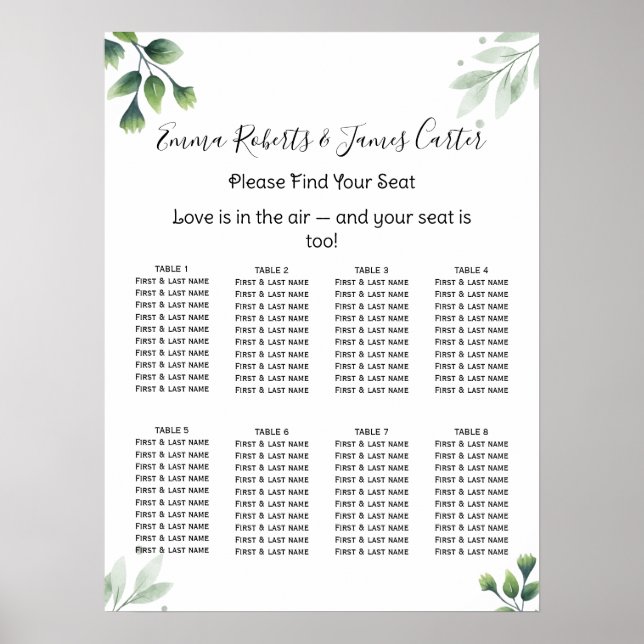 Affiche Greenery Elegant Wedding Seating Chart (Devant)