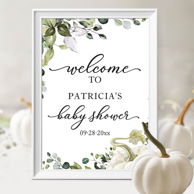 Affiche Greenery Pumpkin Fall Baby Shower Welcome Sign  (Créateur téléchargé)