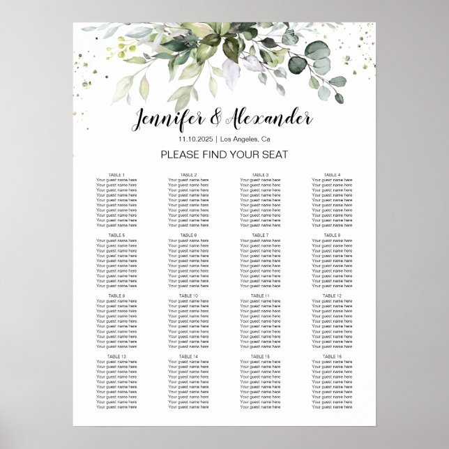 Affiche Greenery Wedding Seating Chart (Devant)