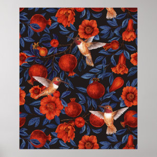 Affiche Grenades et colibris/feuilles vertes sur fond noir