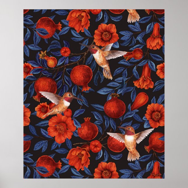 Affiche Grenades et colibris/feuilles vertes sur fond noir (Devant)