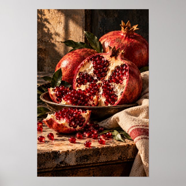 Affiche Grenades rouges rubis – Nature morte rustique de f (Devant)