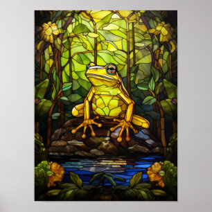 Affiche Grenouille arboricole vitrail jungle étang fenêtre