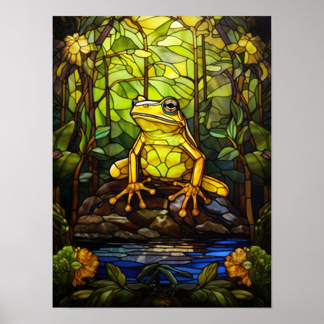Affiche Grenouille arboricole vitrail jungle étang fenêtre (Devant)