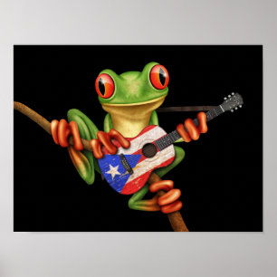 Affiche Grenouille Arbre Jouer Porto Rico Drapeau Guitare