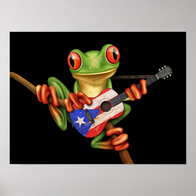Affiche Grenouille Arbre Jouer Porto Rico Drapeau Guitare  (Devant)