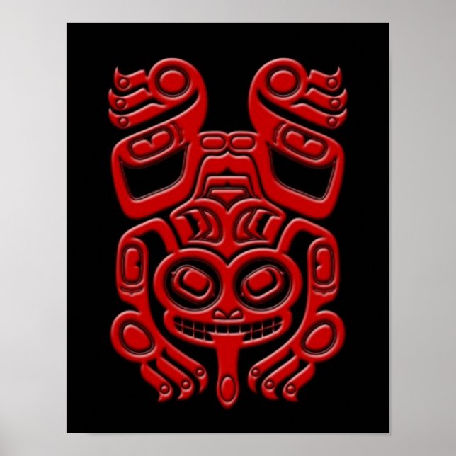 Affiche Grenouille Arbre Rouge Haida sur Noir (Devant)