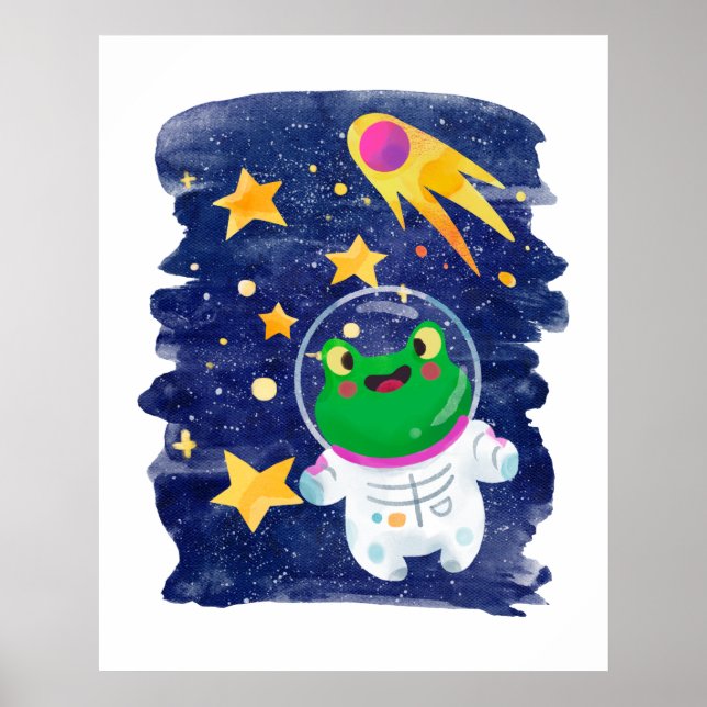 Affiche Grenouille Astronaute Espace Extérieur Comète Étoi (Devant)