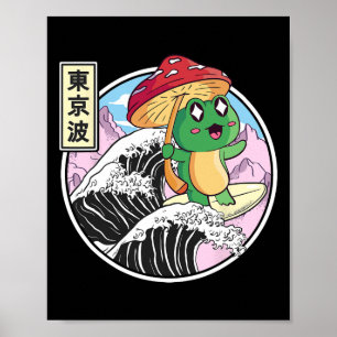 Affiche Grenouille avec champignon surfant sur une vague j